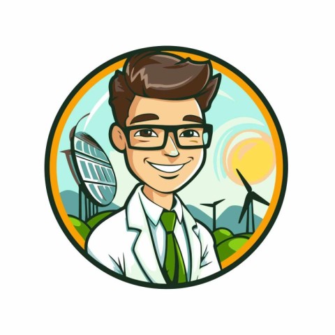 Vector illustration of a male doctor in circle with solar panels