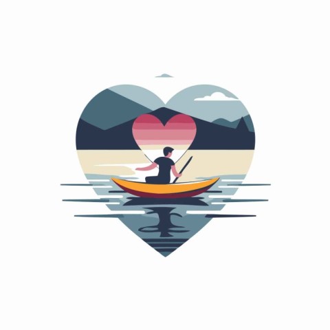 Man in a boat with a heart in the background. Vector illustratio