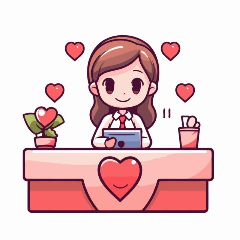 Cute girl working with laptop in cafe. Vector cartoon illustrati