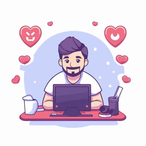 Young man in love with computer. Vector illustration in cartoon