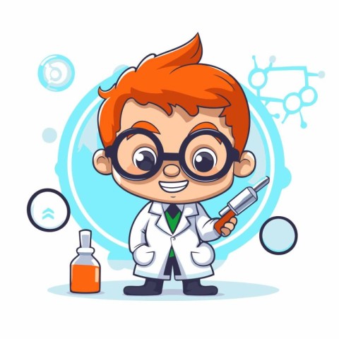 Cute little boy in science lab coat and glasses. Vector illustra