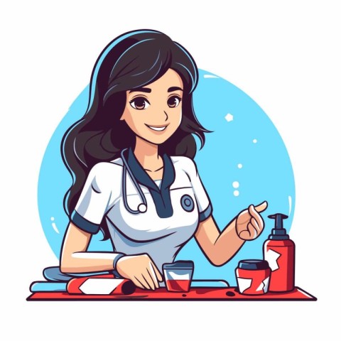 Beautiful young nurse cleaning the table. Vector illustration in