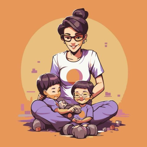 Mother and children playing together. Vector illustration in car