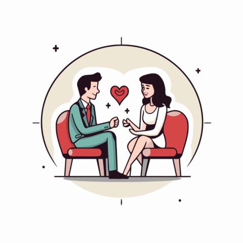 Couple in love sitting in armchairs and holding hands. Flat vect