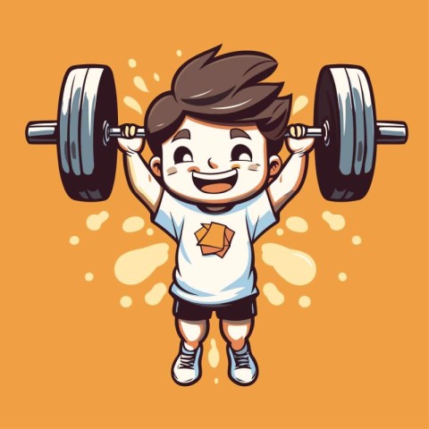 Cartoon boy lifting a barbell. Vector illustration for your desi