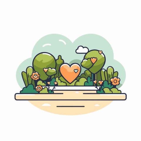 Vector cartoon illustration of heart in the park with flowers an