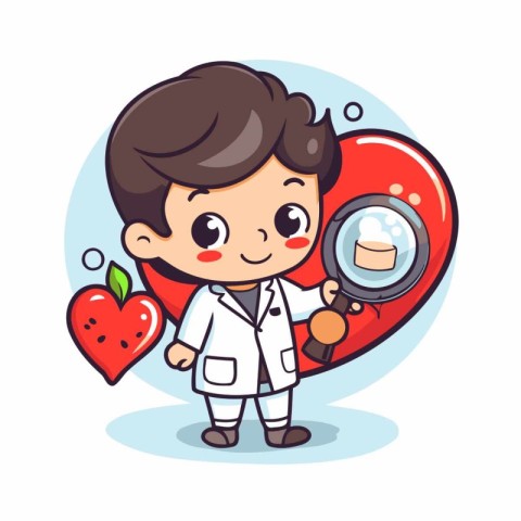 Cute boy doctor holding magnifying glass and food. Vector illust