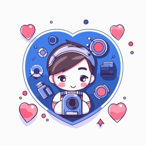 Cute boy in astronaut costume with camera in heart. Vector illus