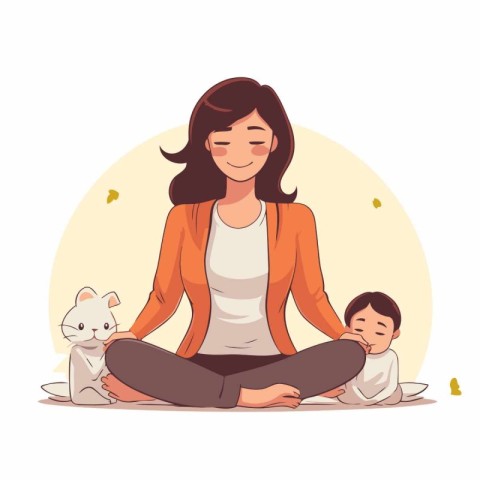 Mother and baby in the lotus position. Flat vector illustration.