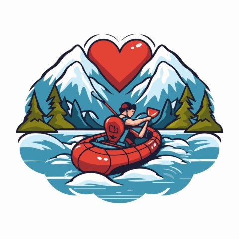 Man in an inflatable boat with a red heart. Vector illustration.