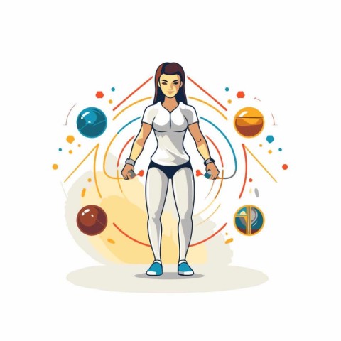 Fitness woman with dumbbells and balls. Vector illustration.