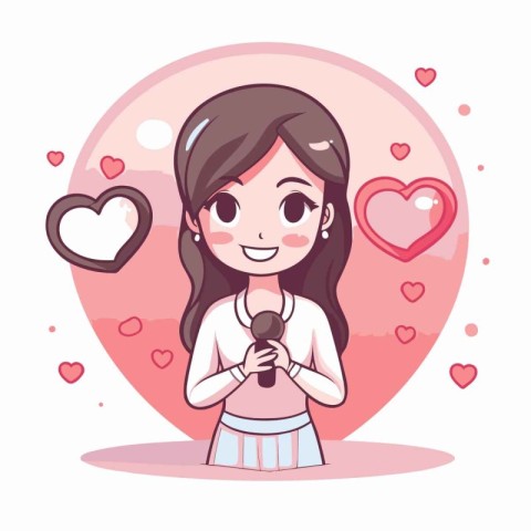 Cute girl singing karaoke with hearts around her vector illustra