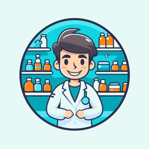 Pharmacist in the drugstore round icon. Vector illustration.