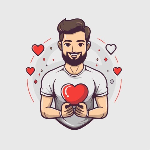 Handsome man with a beard holding a red heart. Vector illustrati