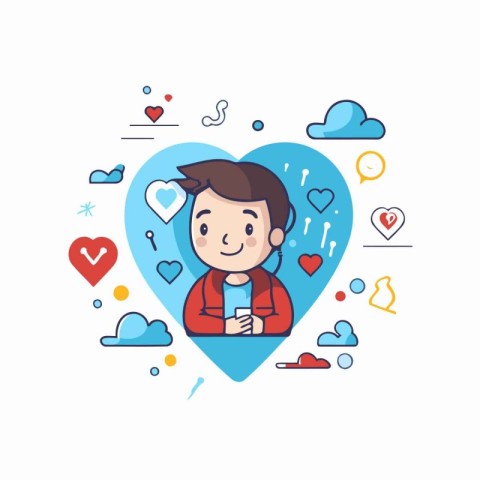 Man with smartphone in heart shape. Vector illustration in thin