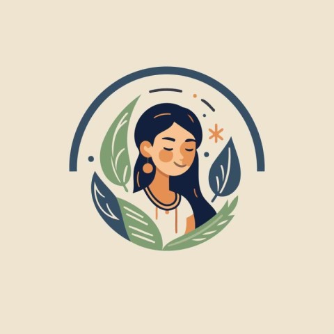 Vector illustration of a girl with closed eyes and green leaves