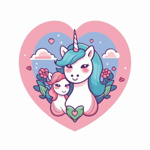 Cute cartoon unicorn with cute little girl in heart. Vector illu