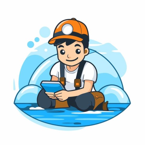 Vector illustration of a man working in the water. Cartoon style