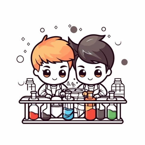 Cute boy and girl in science lab cartoon vector graphic design i