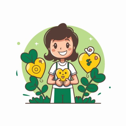 Cute little girl holding a cute little chicken. Vector illustrat