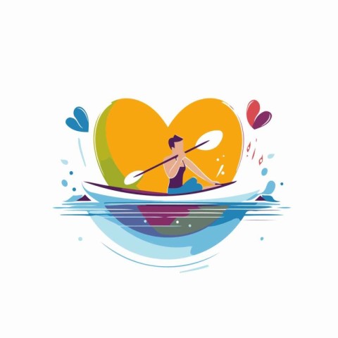 Man in a kayak with a heart in the water. Vector illustration.