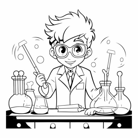 Black and white vector illustration of a scientist working in a