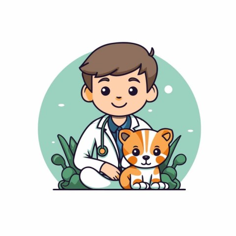 Veterinarian with cat. Vector illustration in cartoon style. Fla