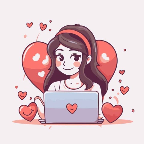 Cute girl using laptop with hearts around her. Vector illustrati