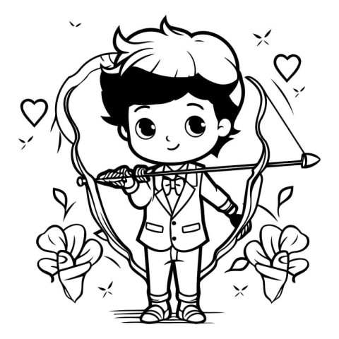 Cupid boy with bow and arrow. Black and white vector illustratio