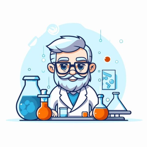 Scientist man working in laboratory. Vector illustration in cart