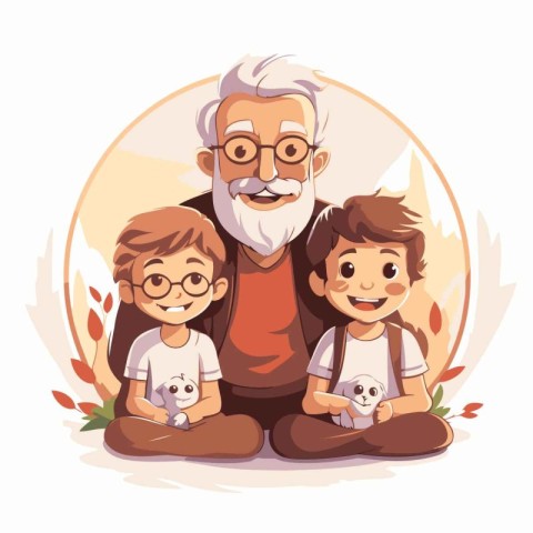 Grandfather with grandchildren. Vector illustration in cartoon s