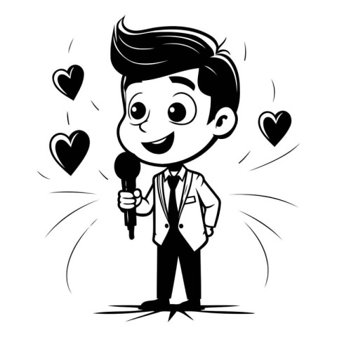 Cute cartoon man singing karaoke with microphone. Vector illustr