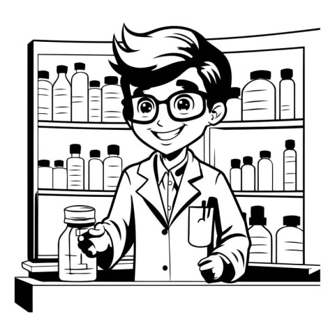 Pharmacist in the shop. Black and white vector illustration.