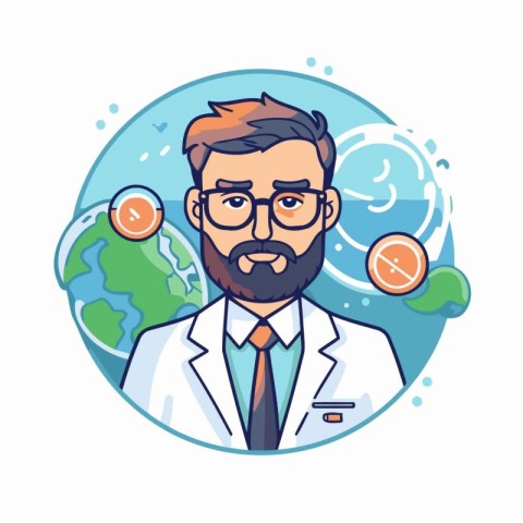 Vector illustration of a doctor with a beard in a white coat and