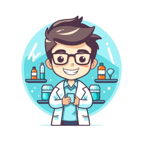 Cute cartoon boy in science lab coat and glasses. Vector illustr