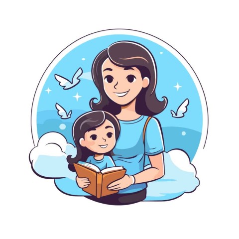 Mother and daughter reading a book. Vector illustration in carto