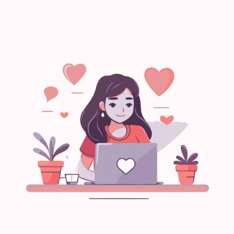 Girl working on laptop and sending love messages. Flat vector il