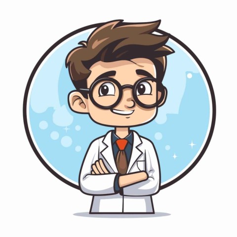 Vector illustration of a cute boy in a lab coat and glasses.