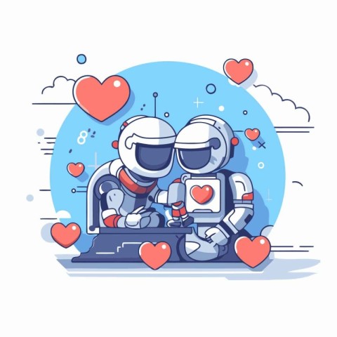 Vector illustration of two cute robots in love with hearts. Vale