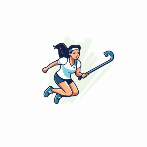 Female hockey player running with hockey stick. Vector illustrat