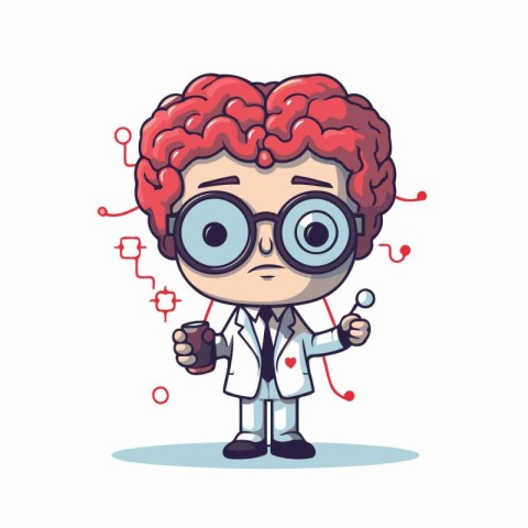 Cartoon scientist with a brain and a microscope. Vector illustra