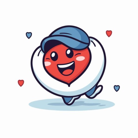 Cute heart character with cap running and smiling. vector illust