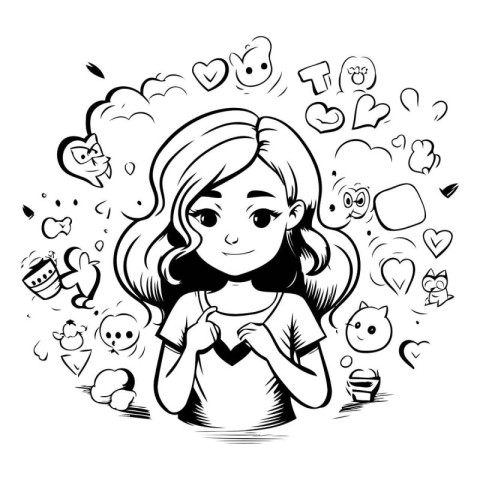 Vector illustration of a cute little girl with hand drawn doodle