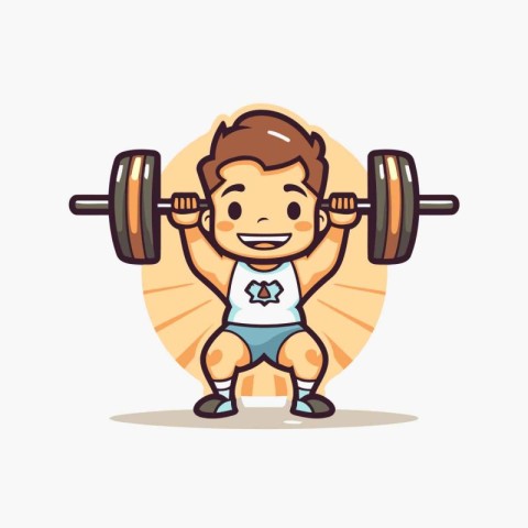 Fitness boy cartoon character vector illustration. Cute little b