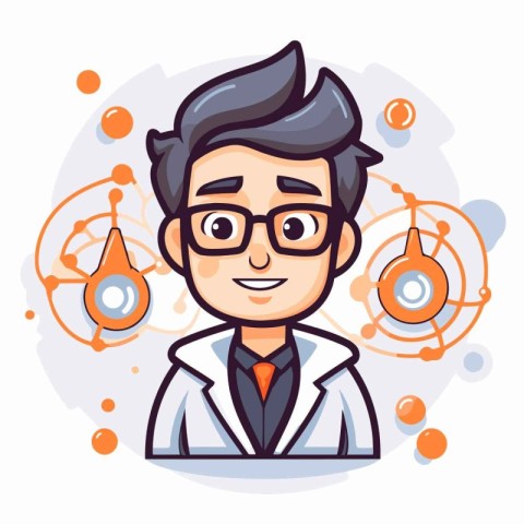 Vector illustration of a scientist in a white coat and glasses.