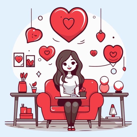 Valentine's day. Cute girl sitting on the sofa in the living roo