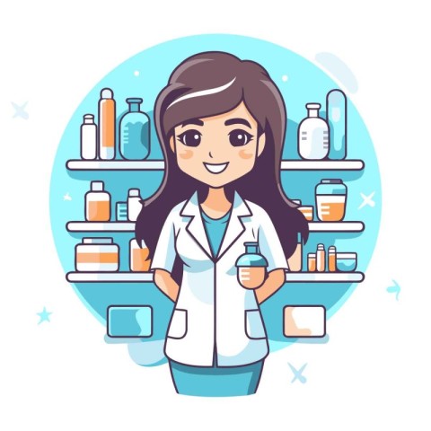 Female doctor with bottle of medicine. Vector illustration in ca