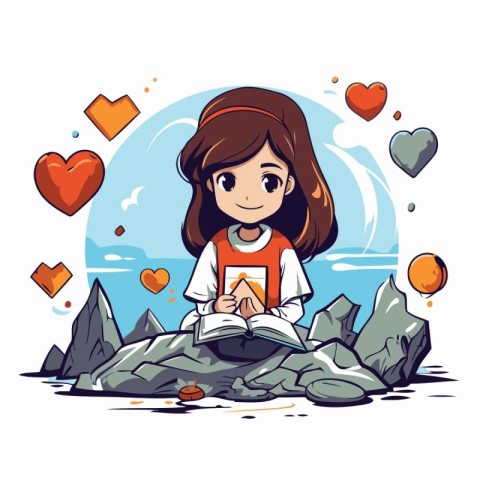 Little girl reading a book on the rocks. Vector illustration in