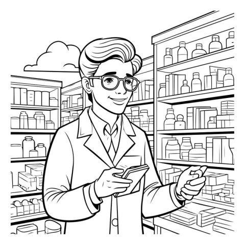 Black and white illustration of a pharmacist in a drugstore.