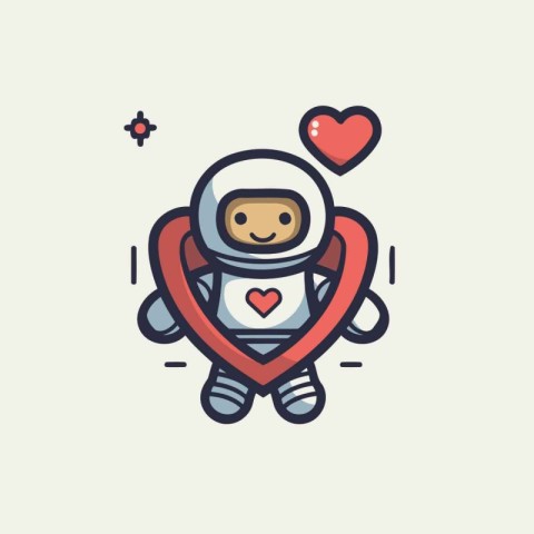 Cute astronaut with heart in his hand. Vector linear illustratio